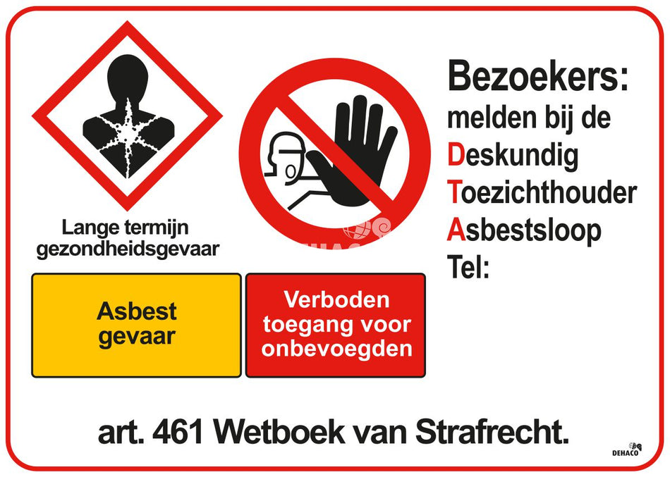 Hinweisschild Gefahr: Toxic/Asbest/Melden DTA 50x70 cm